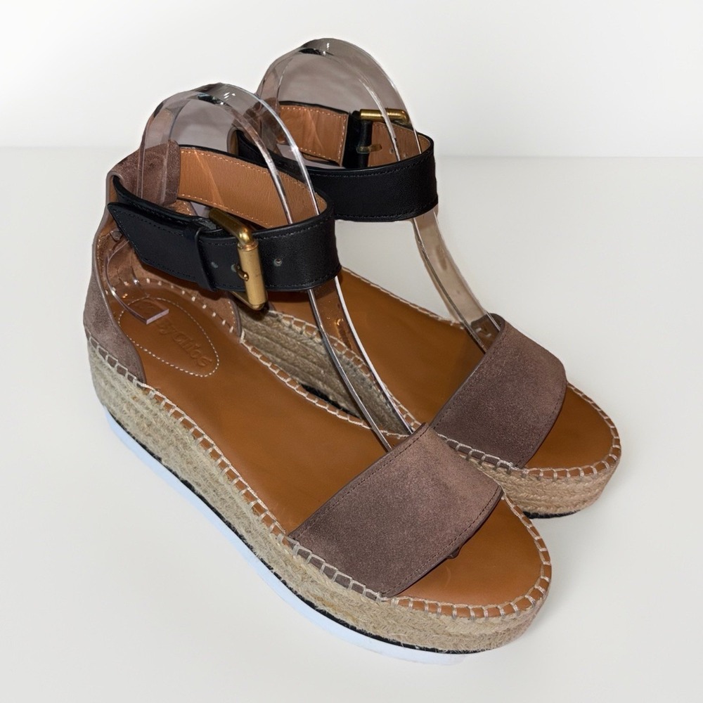 See by Chloe Glyn Platform Espadrille Sandals Black Leather Size‎ 37 / US 6.5